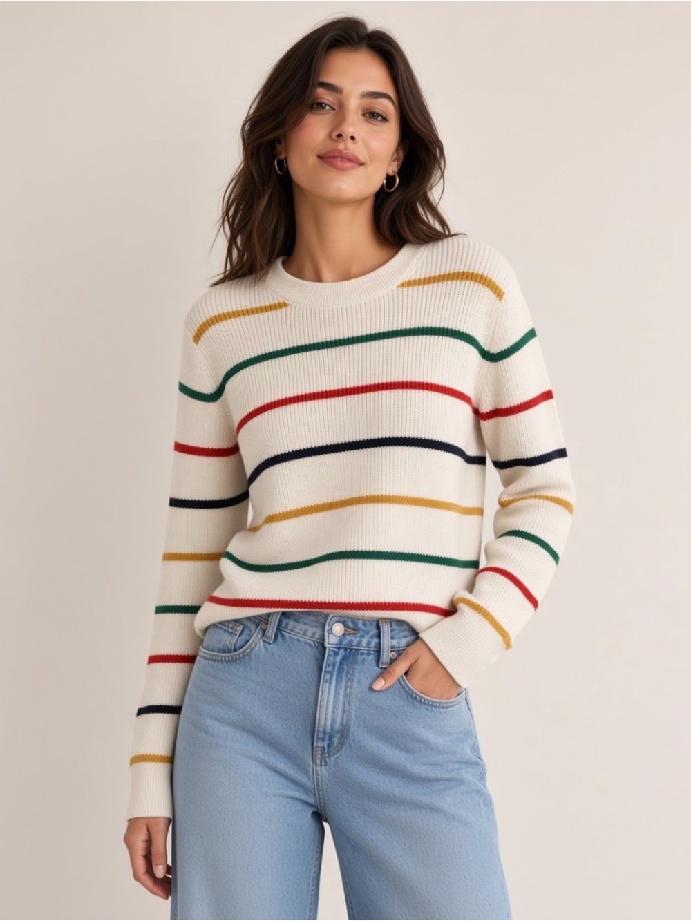 Banana Republic Cream Ribbed Striped Crewneck Sweater – Size M – 100% Cotton